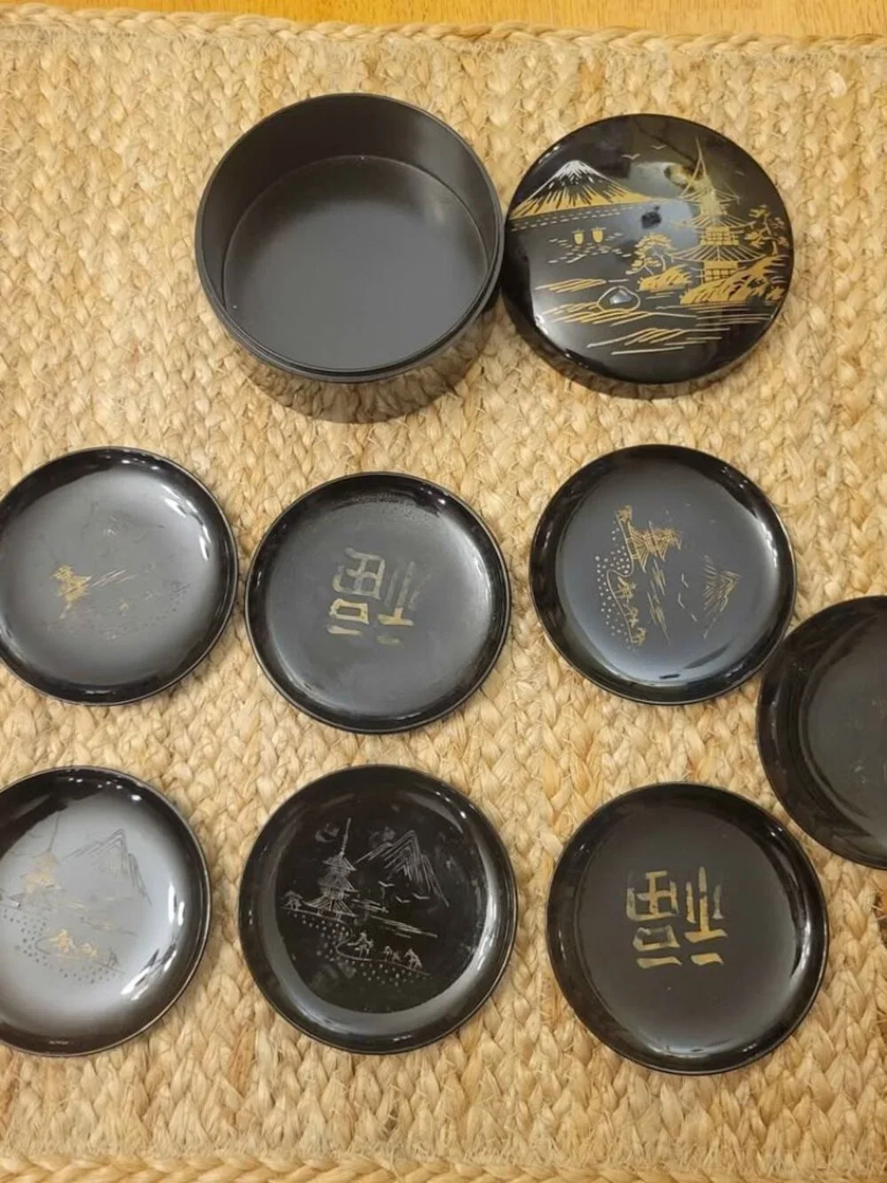 Vintage set of Japanese Black Lacquerware Coasters Featuring Mt. Fuji